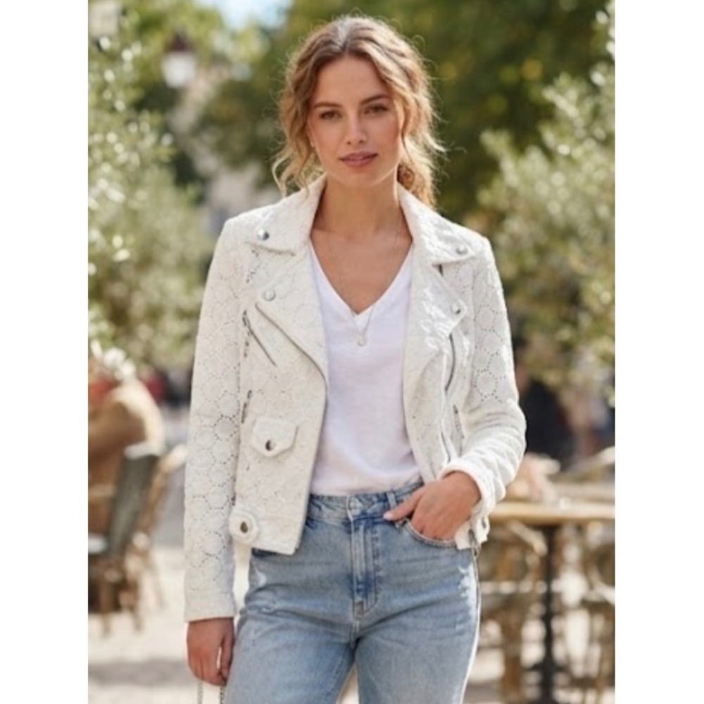 Rebecca Minkoff White Eyelet Lace Moto Jacket Silver Hardware Zip Up